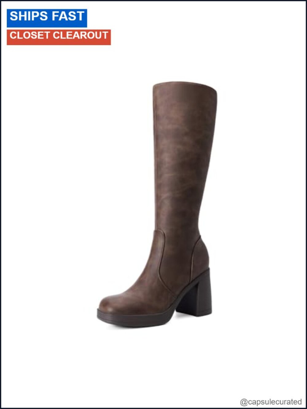 Knee High Platform Heel Boots Stretchy Faux Leather Square Toe Zip